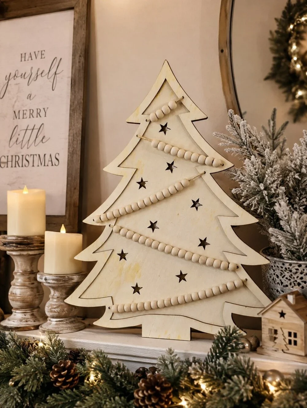 Craft DIY Wooden Christmas Tree Wall Decor Beaded Rustic Farmhouse Holiday